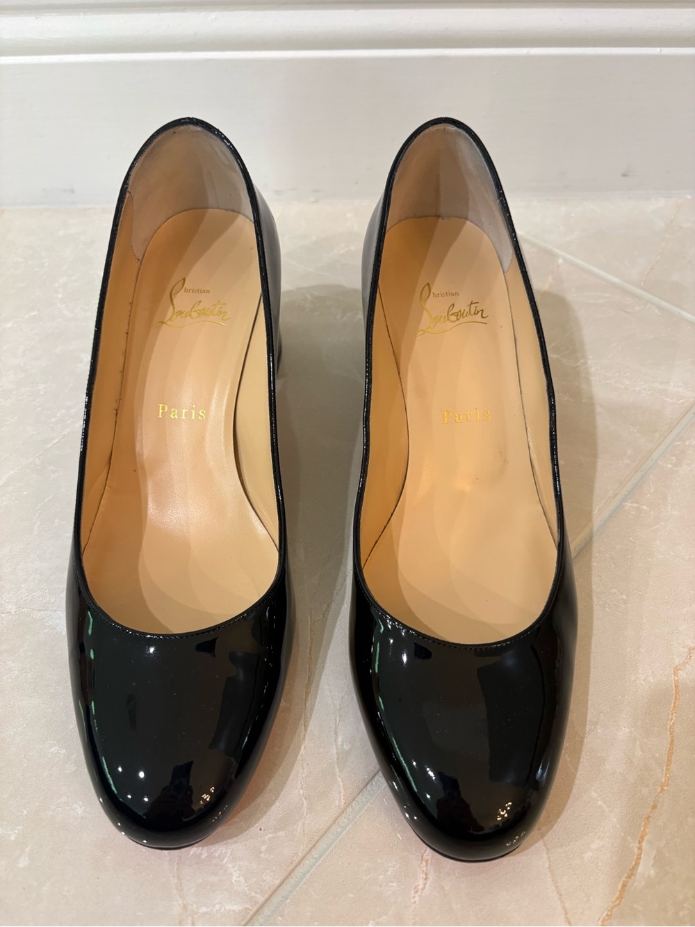 Authentic Christian Louboutin Miss Sab 55 Black Patent Leather Pumps (size 39.5)